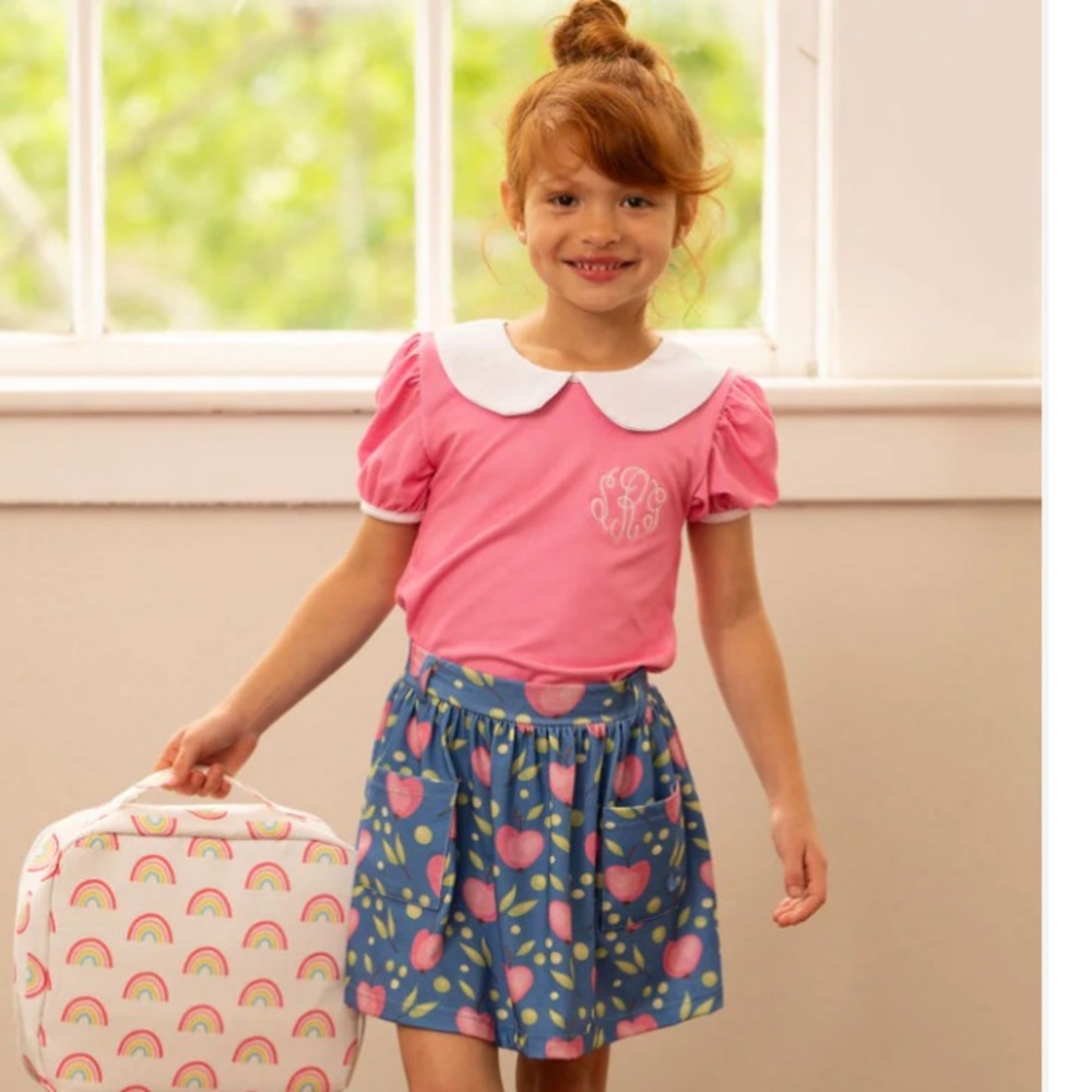 Pocket Skort Set - Pink Apples on Blue